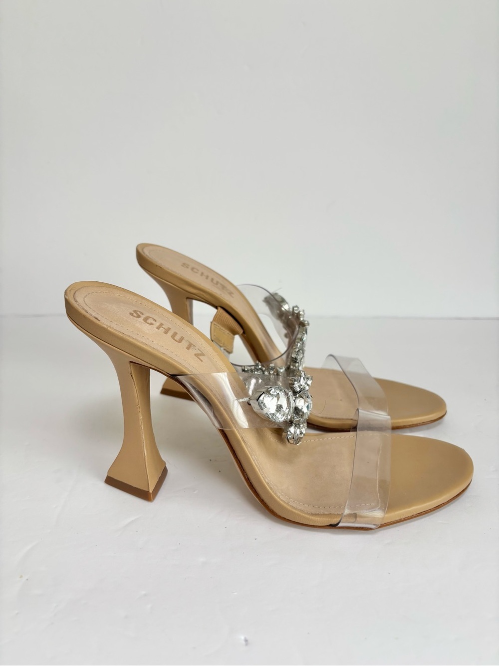 Schutz Laureen Crystal Nude Sandals Block Heel Made in Brazil Size 8.5B - Picture 6 of 13